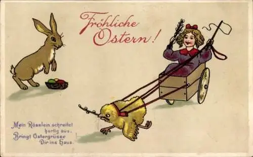 Ak Glückwunsch Ostern, Hase, Karren, Kind, Ostereier, Küken