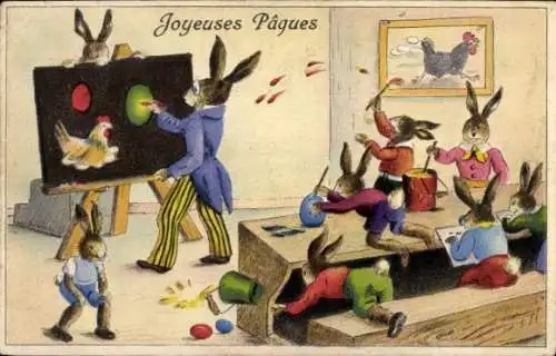 Ak Glückwunsch Ostern, Osterhasen in der Schule, Unterricht, Ostereier