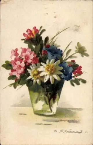 Künstler Ak Klein, Catharina, Nelken, Alpenblumen, Edelweiß, Enzian