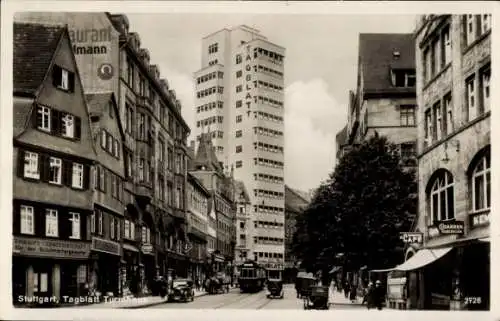 Ak Stuttgart in Württemberg, Tagblatt Turmhaus, Straßenszene, Straßenbahn