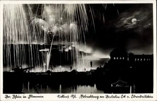 Ak Koblenz am Rhein, Rhein in Flammen, Beleuchtung am Deutschen Eck, Ehrenbreitstein