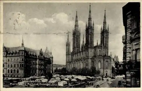 Ak Wiesbaden in Hessen, Marktplatz, Rathaus, ev. Kirche