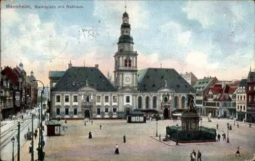 Ak Mannheim in Baden, Marktplatz mit Rathaus, Denkmal