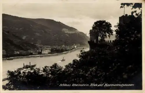 Ak Trechtingshausen am Rhein, Burg Rheinstein, Blick auf Assmannshausen