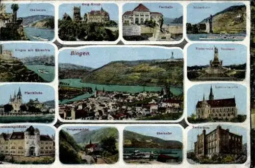 Ak Bingen am Rhein, Niederwald-Denkmal, Rheinufer, Burg Klopp, Festhalle, Pfarrkirche