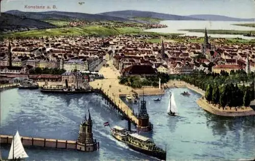Ak Konstanz am Bodensee, Hafeneinfahrt mit Dampfer und Signalturm