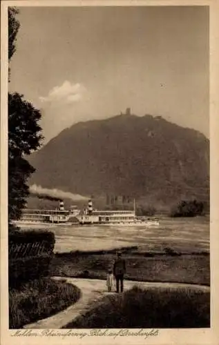 Ak Mehlem Bad Godesberg Bonn am Rhein, Rheinuferweg mit Blick auf Drachenfels, Dampfer