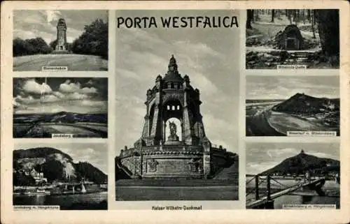Ak Porta Westfalica an der Weser, Kaiser Wilhelm Denkmal, Bismarckturm, Quelle, Brücke, Panorama