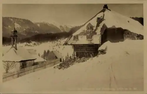 Ak Bärental Feldberg im Schwarzwald, Fachwerkhaus, Kapelle, Winter