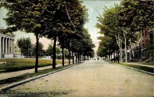Ak Holyoke Massachusetts USA, Maple-Street, Öffentliche Bibliothek
