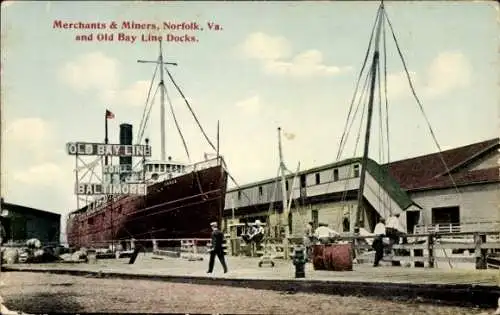 Ak Norfolk Virginia USA, Kaufleute und Bergleute und Old Bay Line Docks