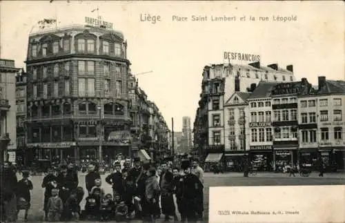 Ak Lüttich Lüttich Wallonien, Place Saint Lambert und Rue Léopold