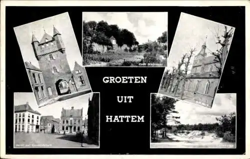 Ak Hattem Gelderland Niederlande, Kirche, Stadtmauer, Gemeindehaus, Markt, Tor