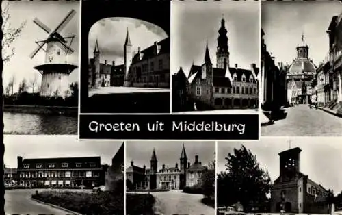 Ak Middelburg Zeeland Niederlande, Straßenpartie, Kirche, Marktplatz, Rathaus, Windmühle