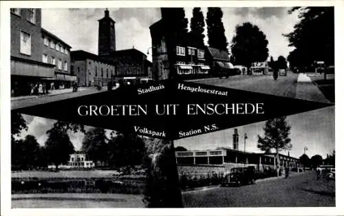 Ak Enschede Overijssel Niederlande, Rathaus, Hengelosestraat, Volkspark, NS-Bahnhof