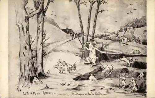 Künstler Ak Hasen als Soldaten, Schlacht auf der Wiese, Männer hinter dem Baum