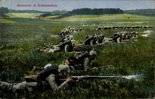 Ak Deutsche Soldaten in Uniformen, Infanterie in Schützenlinie, I WK