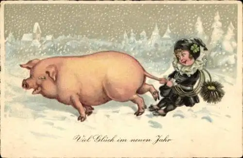 Ak Glückwunsch Neujahr, Schornsteinfeger hält ein Schwein am Schwanz fest