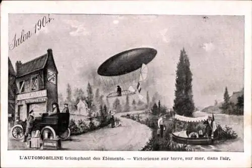 Ak L'Automobiline triomphant des Elements, Reklame, Tankstelle, Zeppelin, Automobil