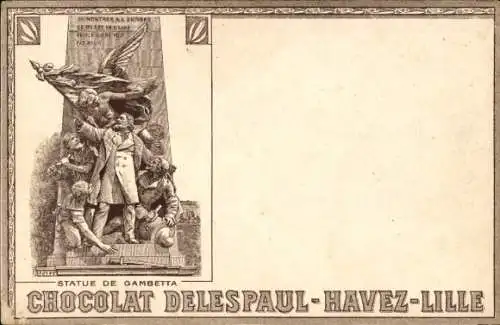 Ak Lille Flandern Antwerpen, Reklame, Statue de Gambetta, Chocolat Delespaul-Havez