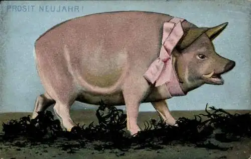 Ak Glückwunsch Neujahr, Schwein mit rosa Schleife