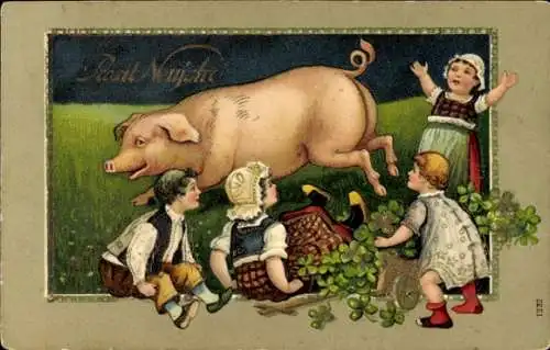 Präge Litho Glückwunsch Neujahr, Schwein, Kinder, Kleeblätter