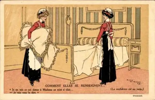 Künstler Ak Comment elles se renseignent, Zimmermädchen, Reklame Creme Malaceine