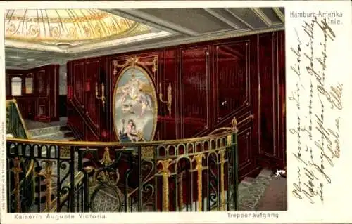 Künstler Litho Dampfer Kaiserin Auguste Victoria der Hamburg Amerika Linie, HAPAG, Treppenaufgang