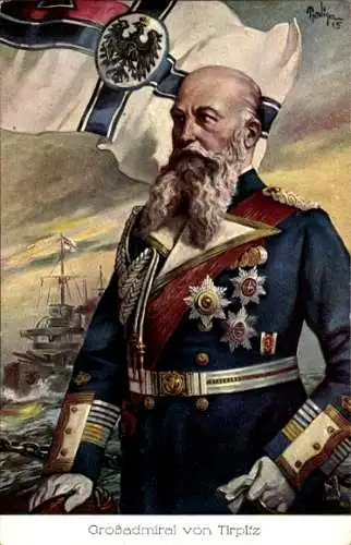 Künstler Ak Prediger, Großadmiral Alfred von Tirpitz, Nachfolger Hollmanns, Fahne, Portrait, Uniform