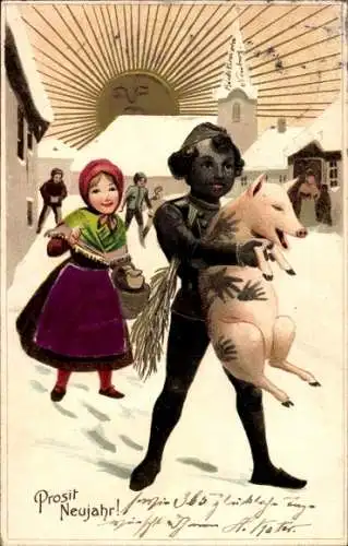 Präge Litho Glückwunsch Neujahr, Schornsteinfeger mit Schwein, Winteransicht