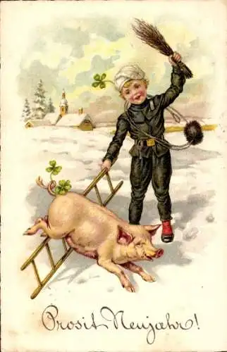 Ak Glückwunsch Neujahr, Schwein, Schornsteinfeger, Kleeblätter, Leiter