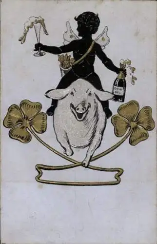 Präge Litho Engel reitet auf einem Schwein, Klee, Sekt