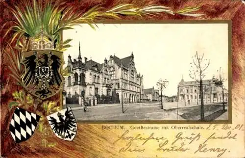 Präge Wappen Passepartout Ak Bochum im Ruhrgebiet, Goethestraße mit Oberrealschule