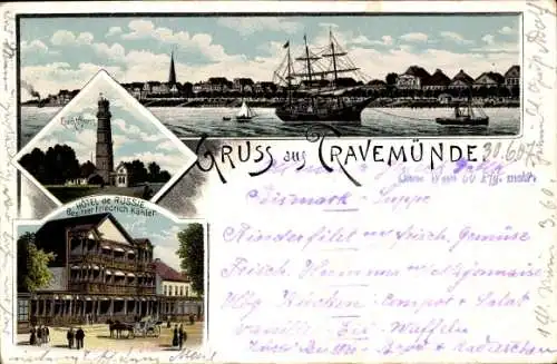 Litho Ostseebad Travemünde Lübeck, Leuchtturm, Segelschiff, Strandpavillon