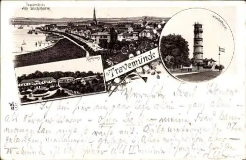 Litho Ostseebad Travemünde Lübeck, Leuchtturm, Stadtblick, Kurhaus