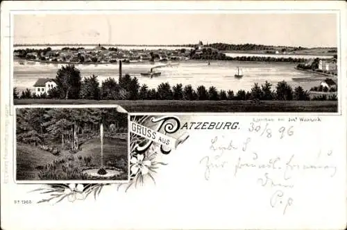 Litho Ratzeburg in Schleswig Holstein, Totalansicht vom Ort, Fontäne