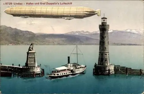 Ak Lindau am Bodensee Schwaben, Zeppelin, Hafen, Leuchtturm, Salondampfer