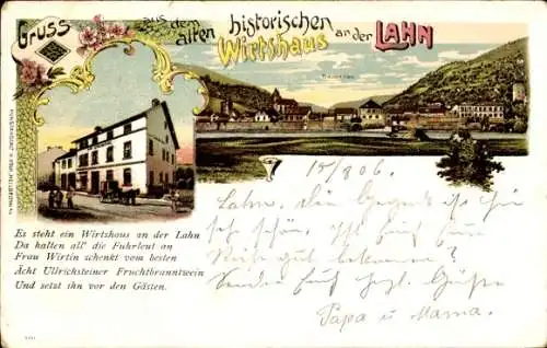 Litho Dausenau an der Lahn, Wirtshaus an der Lahn, Stadt