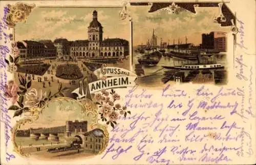 Litho Mannheim in Baden, Paradeplatz, Kaufhaus, Brücke, Hafen