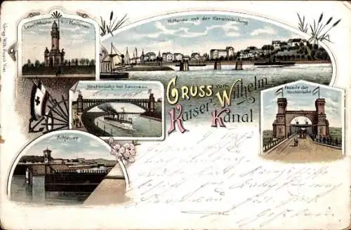 Litho Holtenau Kiel, Kaiser Wilhelm Kanal, Hochbrücke Levensau, Leuchtturm, Schleuse