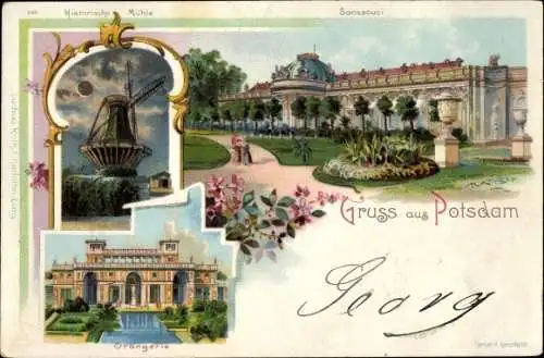 Litho Potsdam in Brandenburg, Sanssouci, historische Mühle, Orangerie