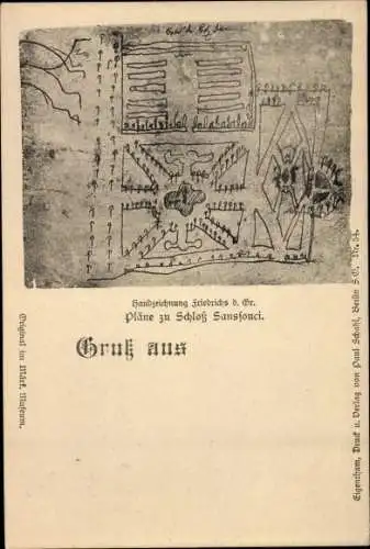 Künstler Ak Potsdam in Brandenburg, Pläne zu Schloss Sanssouci, Zeichnung von Friedrich d. Großem