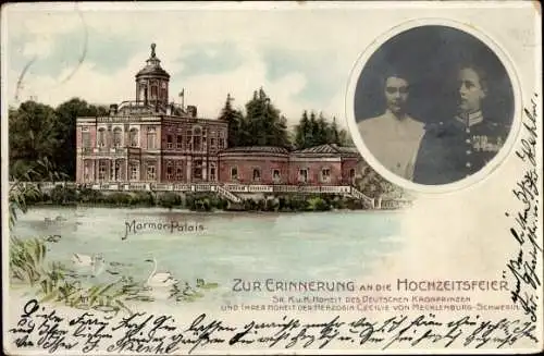 Litho Potsdam in Brandenburg, Marmorpalais, Kronprinz Wilhelm von Preußen, Cecilie, Hochzeitsfeier