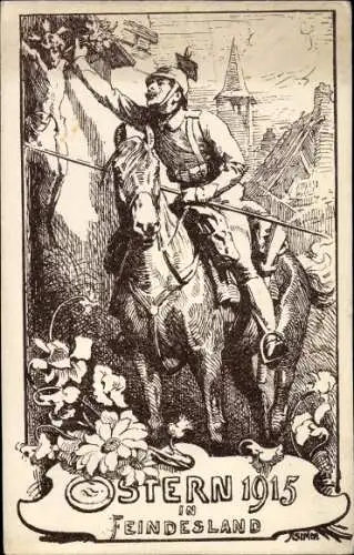Künstler Ak Glückwunsch Ostern, Soldat auf einem Pferd, Feindesland, Ulan