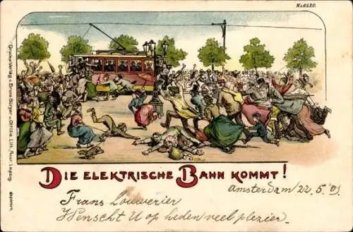 Litho Die elektrische Bahn kommt, Menschen eilen zur Straßenbahn