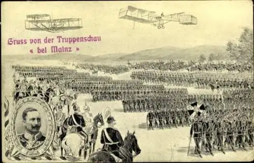 Litho Truppenschau bei Mainz, Parade, Flugzeuge, Kaiser Wilhelm II.