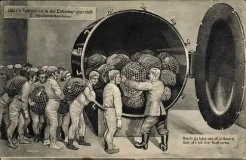 Ak Unsere Feldgrauen in der Entlausungsanstalt, Desinfektionskessel