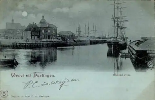 Mondschein Ak Harlingen Fryslân Niederlande, Buitenhaven
