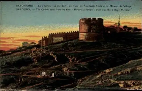 CPA Salonique Thessalonique Grèce, Citadelle, Tour de Kouchakli Koulé et le Minaret du Village