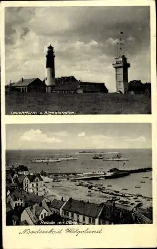 Ak Helgoland, Leuchtturm und Signalstation, Reede mit Düne